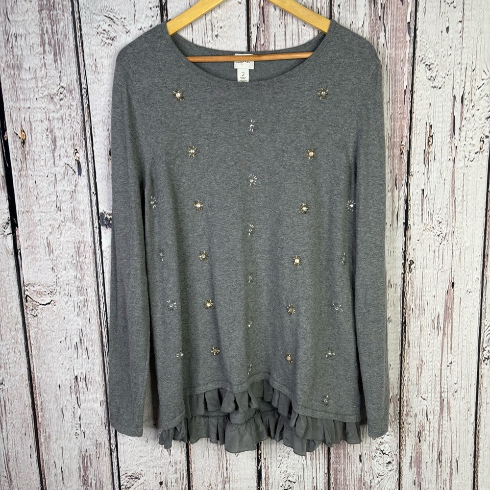Zenergy by Chico’s 2 Large Gray Ruffle Hem Sweater Embellished Beads Cashmere‎